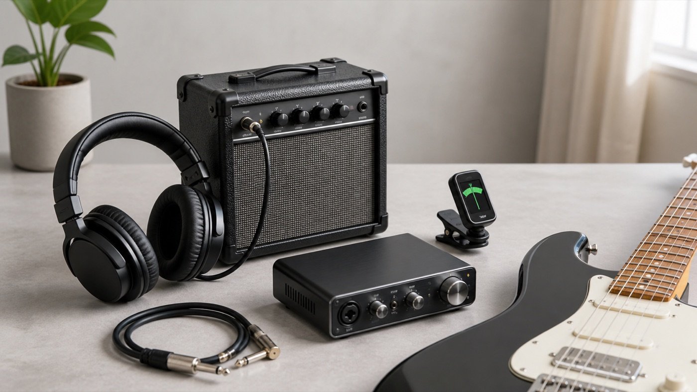 Quiet electric guitar practice setup with headphones, practice amp, audio interface, tuner, and cable