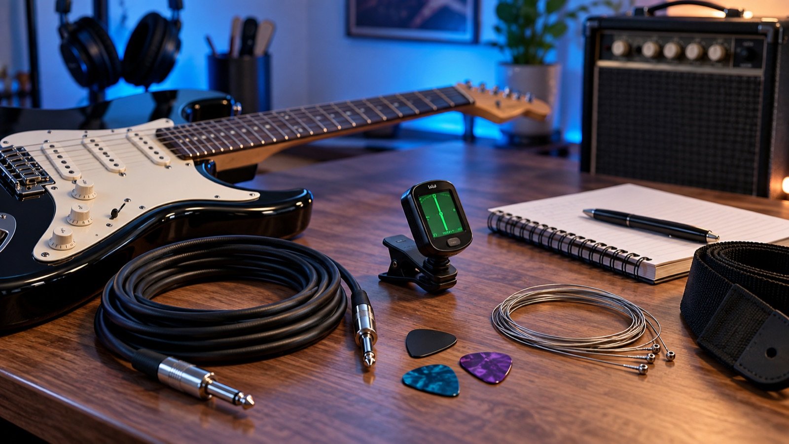 Electric guitar practice desk with tuner cable picks strings headphones and compact gear