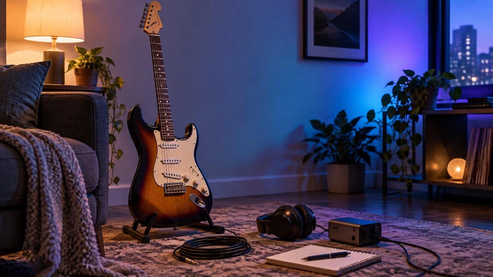 Quiet electric guitar practice corner with headphones compact amp cable and guitar